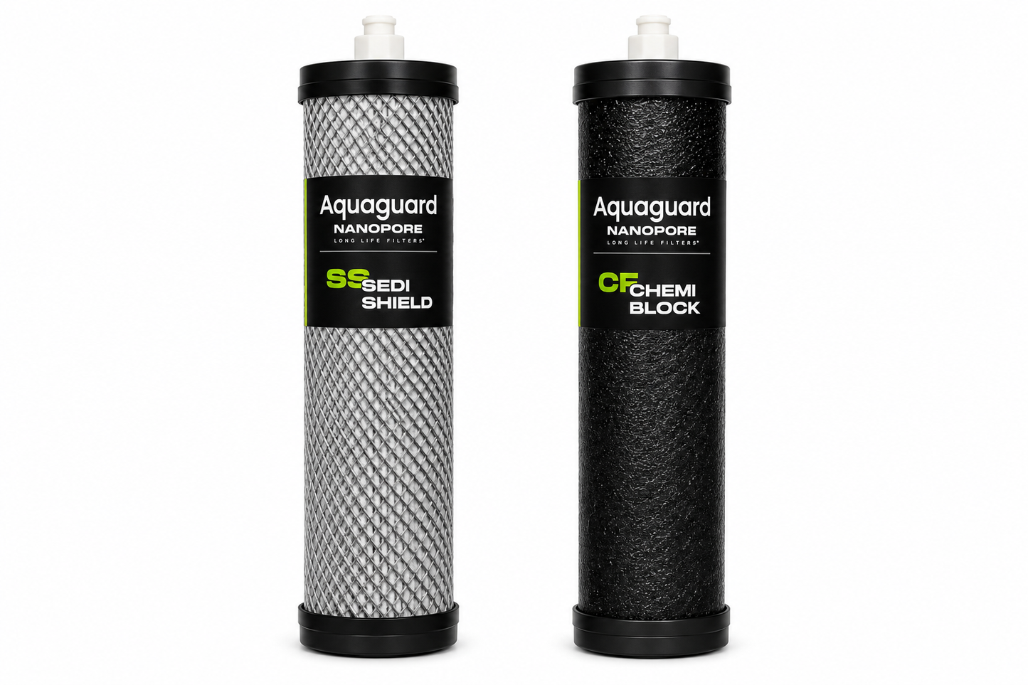 Two Aquaguard water filter cartridges on a white background