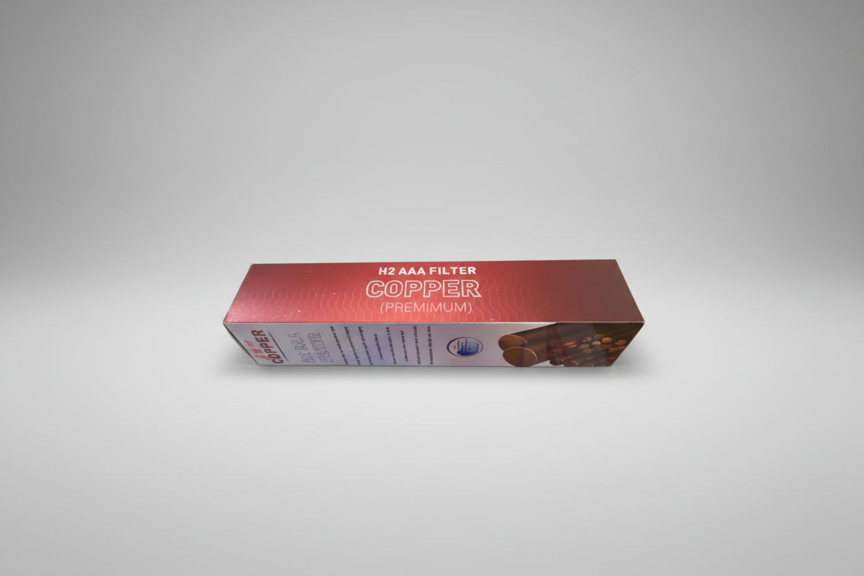 Box of H2 AAA filters labeled 'Copper Premium' on a white background