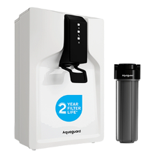 Aquaguard water filter system with a black filter on a white background