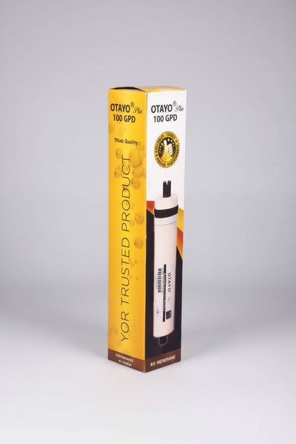 OTAYO 100 GPD water filter packaging with branding and product details.