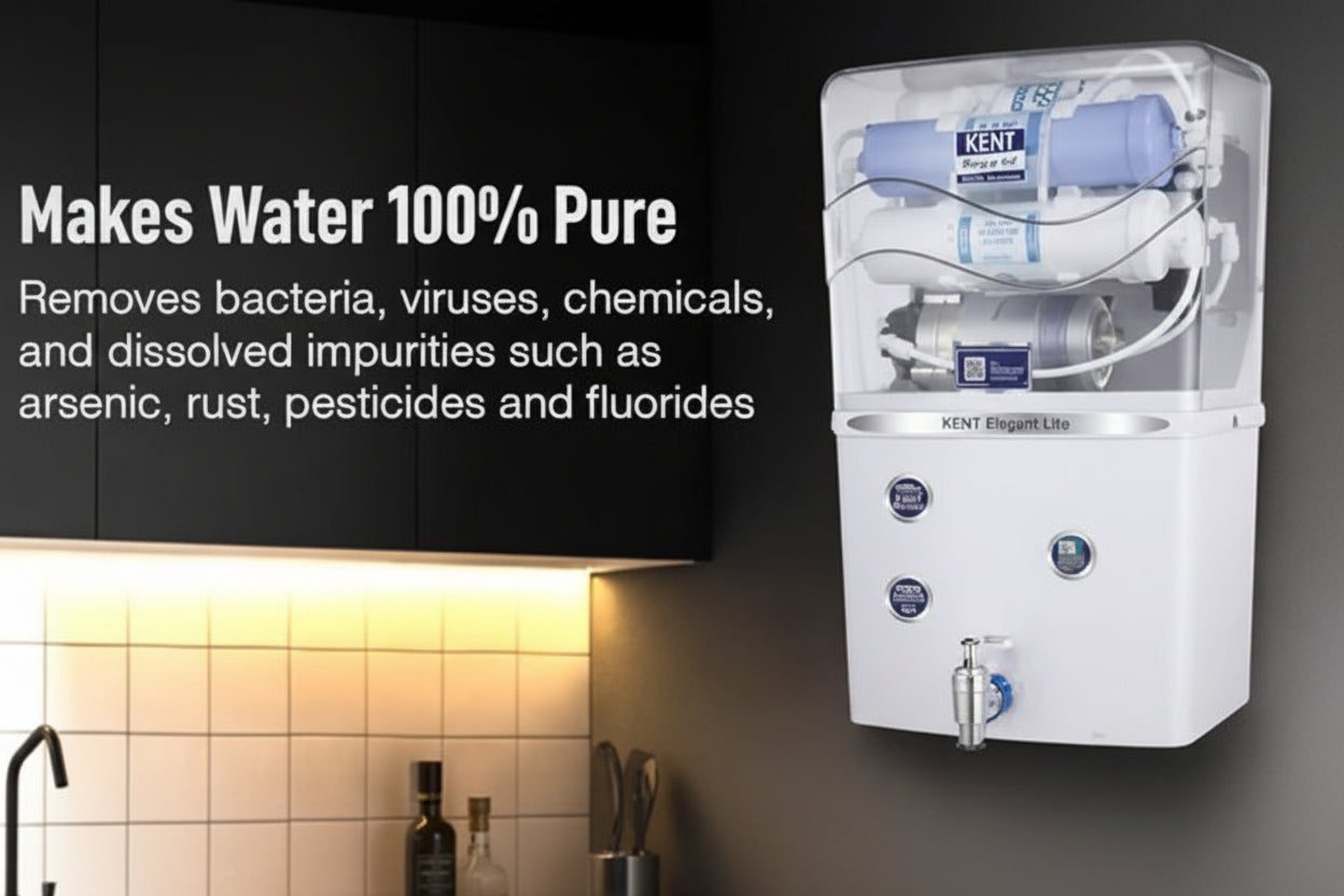 Water purifier with text highlighting its water purification capabilities in a kitchen setting.