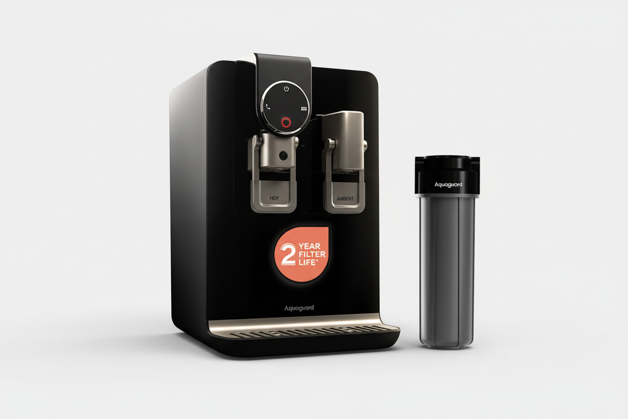 Black water dispenser with a filter and '2 Year Filter Life' label on a white background