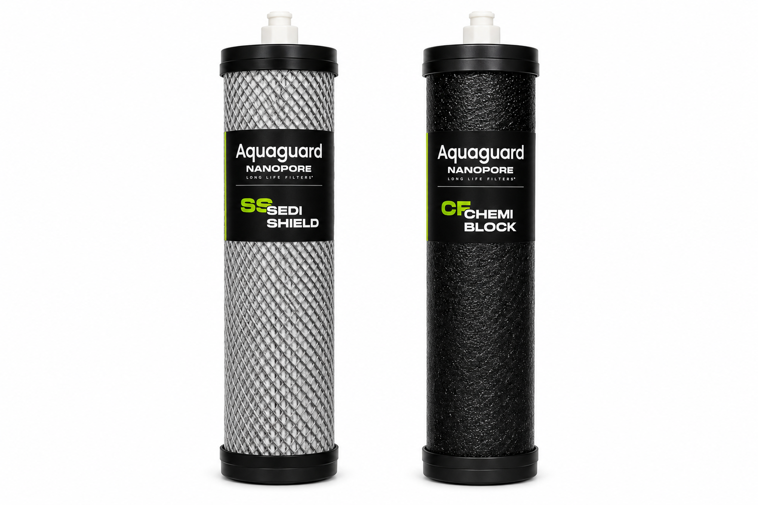 Two Aquaguard water filter cartridges on a white background