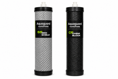 Two Aquaguard water filter cartridges on a white background