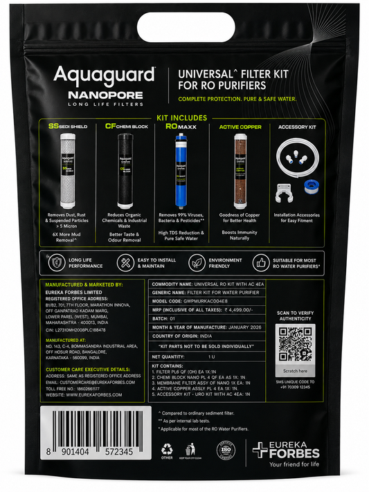 Aquaguard Nanopore universal filter kit packaging on a black background