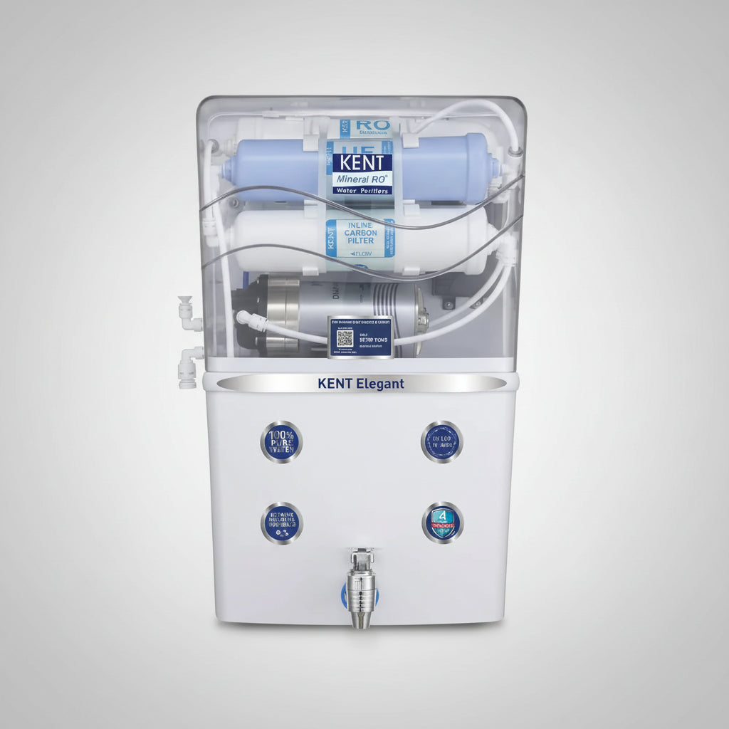 Kent Elegant water purifier with multiple filters on a white background