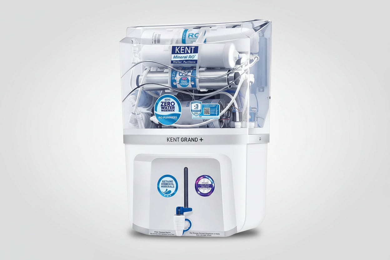 Kent Grand+ water purifier with clear packaging on a white background