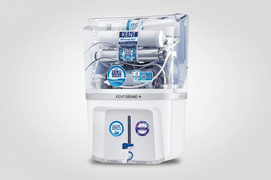 Kent Grand+ water purifier with clear packaging on a white background