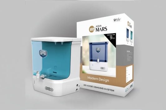 Water filter system with packaging on a gray background