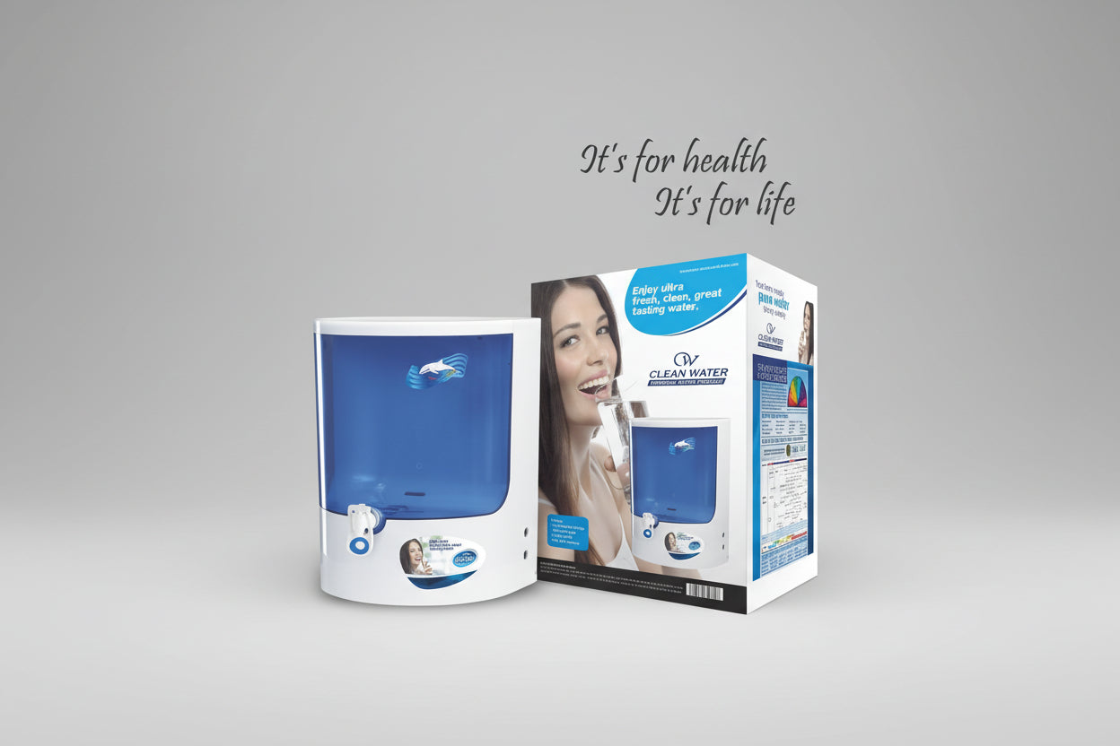 Clean Water drinking water product with packaging on a wooden surface
