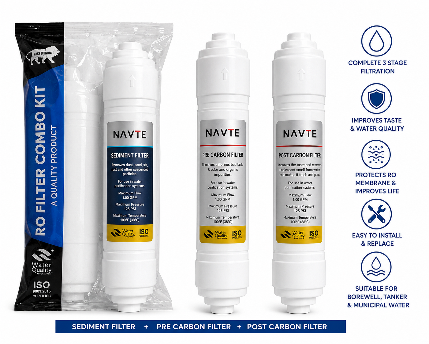 RO Filter Combo Kit for Water Purifiers – Sediment + Pre Carbon + Post Carbon Filters